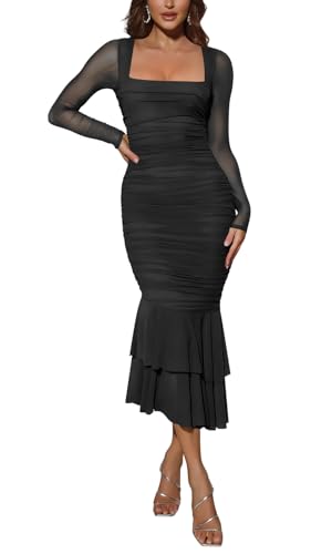 Atizon Women's Ruched Bodycon Long Sleeve Square Neck Wedding Guest Dress Formal Mermaid Evening Cocktail Party Maxi Dresses3