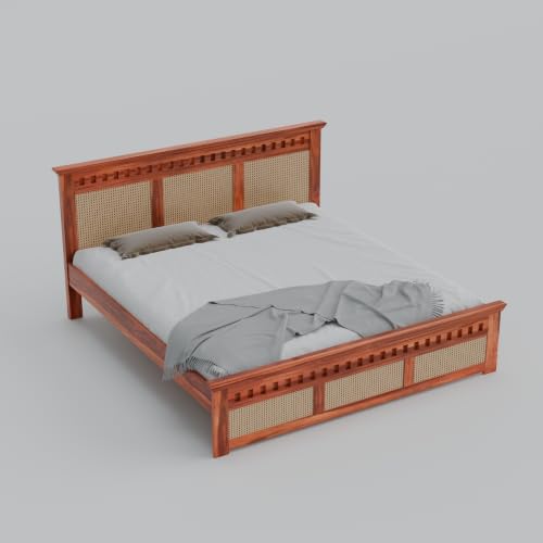 Image of Sheesham Wood King Size Cane Bed Without Storage Wooden Double Cot Palang Furniture for Bedroom Living Room Home Hotel Honey Finish 1 Year Warranty