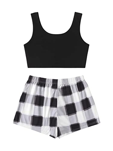 Sweatyrocks Women's 2 Piece Pajama Set Crop Tank Top And Plaid Shorts Loungewear Black White S #TOP1