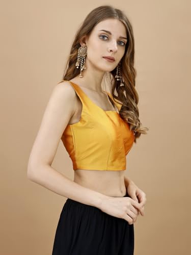 Womanista Women's Tafeta Solid Sleeveless Regular Fit Sequinned Blouse (Bls_49_Yellow Xl)