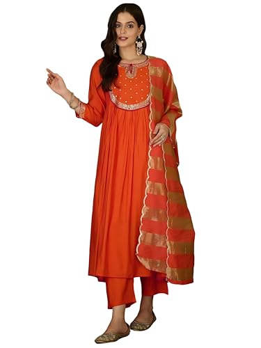 Image of Naixa Women's Chanderi Embroidered Flared Kurta with Pant and Dupatta Sets (NX-762)
