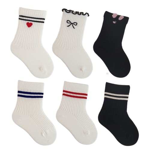 SKYSTINGERX Toddler Girls Crew Socks Ruffle Lace Trim Cotton ankle Socks Kids Frilly Dress Socks Solid (1-3T, Striped?Frilly?)