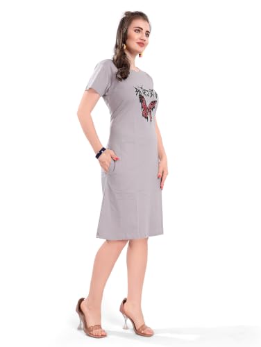 Image of Printed Knee Length Pocket Night Dresses for Women | Cat Lovers | Premium Soft Cotton Nighty | Sky Blue