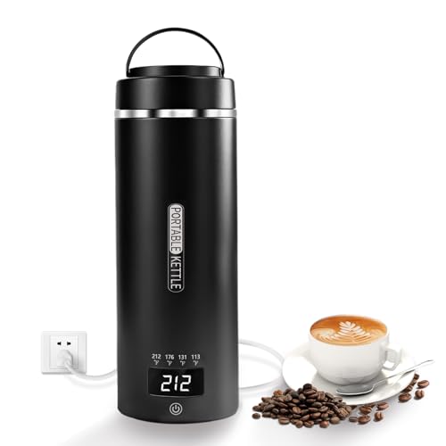 Travel Mini Kettle Portable Small Electric Kettle with Plug-in Boiling & Keeps Warm via USB, Portable Water Boiler with 4 Temperature Settings, 304 Stainless Steel with Auto Shut-off 16oz(Black)