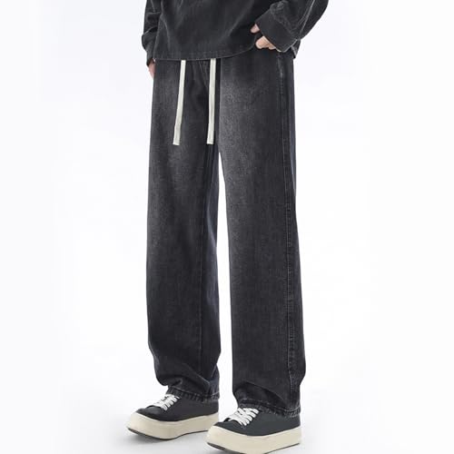 Men's Summer Denim Pants Vintage Wide Leg Pants with Pockets 2025 Trendy Casual Baggy Elastic Waist Drawstring Pants4