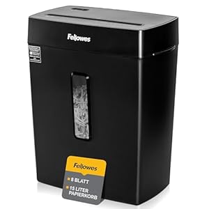 Fellowes Papierversnipperaar 8 vel (P4), papiervernietiger voor thuis en thuiskantoor, Powershred FS-8C, papiervernietiger met 15 liter afvalbak, verwerkt creditcards, nietjes, zwart