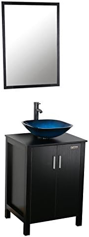 eclife 24" Bathroom Vanity Combo Modern MDF Cabinet with Vanity Mirror Blue Square Tempered Glass Counter Top Vessel Sink with 1.5 GPM Faucet and Pop Up Drain (A04B04)
