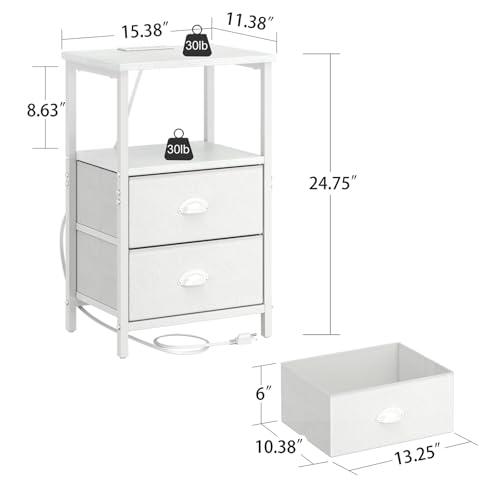 Image of sthmec Nightstand with Charging Station, LED Night Stand with 2 Fabric Drawers PU Finish, Bedside Table End Table with LED Light, 3-Tier Storage Side Table Nightstand with Drawers for Bedroom,White