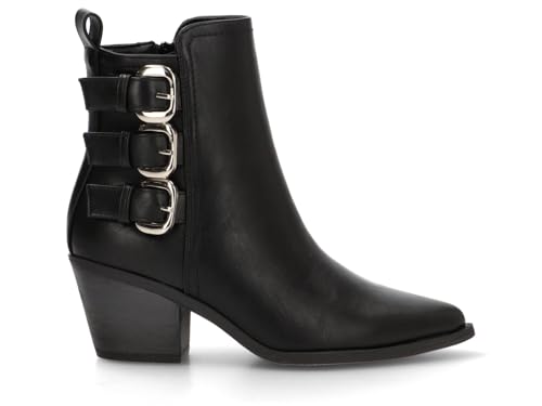 Etika Botines de Tacón Ancho para Mujer, Botín de Estilo Motero con Tres Hebillas Decorativas, Cierre de Cremallera y Tacón de 6,5cm, Modelo 110548 Negro - 41