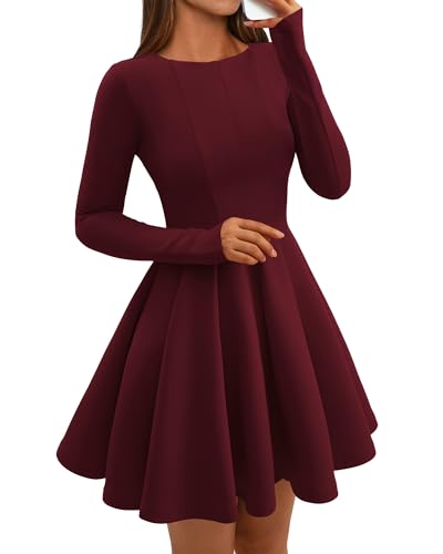 BTFBM Long Sleeve A Line Mini Dresses for Women,Burgundy,Medium - image 1