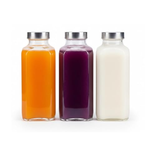 Image of Glassbunny French Square Glass Drinking Bottles 1000 ML Reusable Drink Containers with Leak-Proof Airtight Stainless Steel Lid for Water, Smoothie, Juices Pack of 3