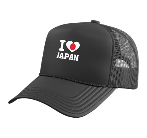 I Love Japan Heart Souvenir Lovers Pride Travel Trucker Hat with Adjustable Mesh Back, Black