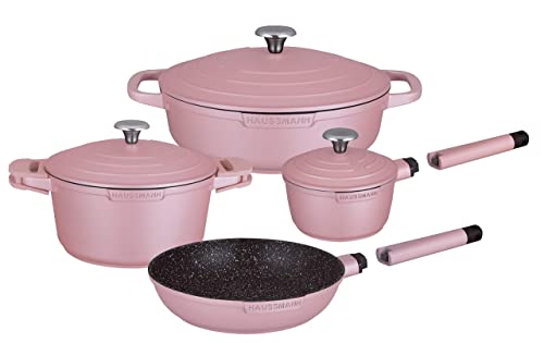 Haussmann Héritage® 9 pièces Batterie de Cuisine,Haute qualités Revêtement façon Pierre- sans PFOA- poignée Amovible－Tous Feux Dont Induction adapté au Four (Rose, 9 pièces)