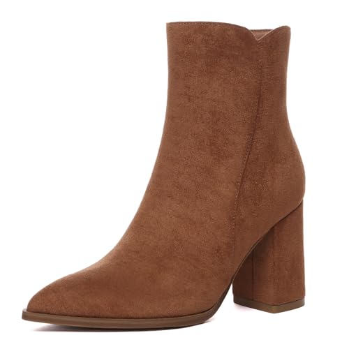 Athlefit Women's Heeled Ankle Boots Fashion Pointed Toe Chunky Heel Side Zipper Short Suede Brown...