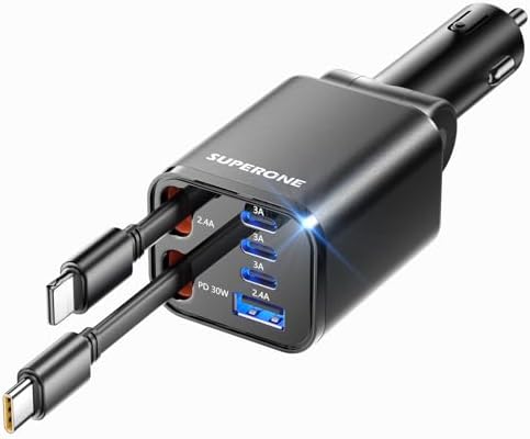 Retractable Car Charger, SUPERONE 99W Car Phone Charger with Dual Cables