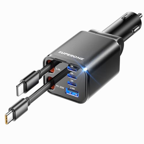 Retractable Car Charger, SUPERONE 99W Car Phone Charger with Dual Cables