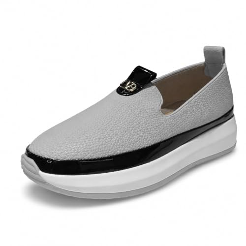 Raymelo Slip On Loafers for Women, Comfort Faux Leather Casual Shoes with Easy Entry Collar, Comfortable Flats, Hands-Free Wear for Commuting, Airport Security & Work (Gray)