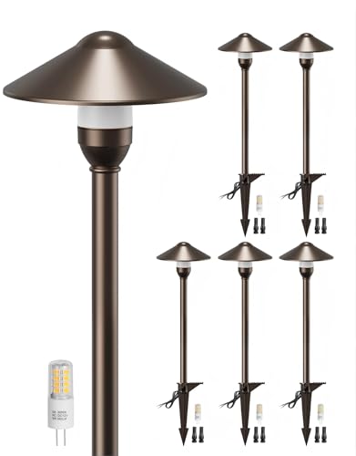 PARTPHONER Low Voltage Landscape Lighting 6-Pack, Aluminum 12V Pathway Lights with G4 Bulbs, Waterproof Oil Rubbed Bronze Color Round Shade Path Lights with Connectors for Walkway Yard Garden
