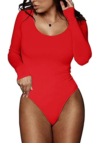 GEMBERA Women's Scoop Neck Long Sleeve Leotard Women Clothing Stretchy Basic Bodysuit Tops, Red, Medium
