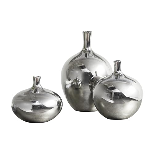 Madison Park Signature Ansen Ceramic Handmade Vase Set Home Dcor - Metallic Accent Living Room Decoration Ideal for Shelf Side Table Mantle Ornaments Multi Size Silver 3 Piece