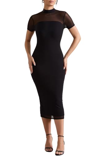 YouSexy Women's Short Sleeve Bodycon Dress Elegant Mesh Mock Neck Slit Party Midi Dresses