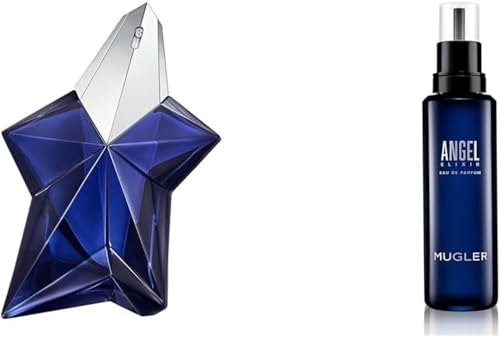 MUGLER ANGEL ELIXIR, Eau de Parfum Rechargeable 100 ml + Eau de Parfum Flacon Recharge 100 ml, Parfum pour Femme Boisé Floral, Lot de 2 produits