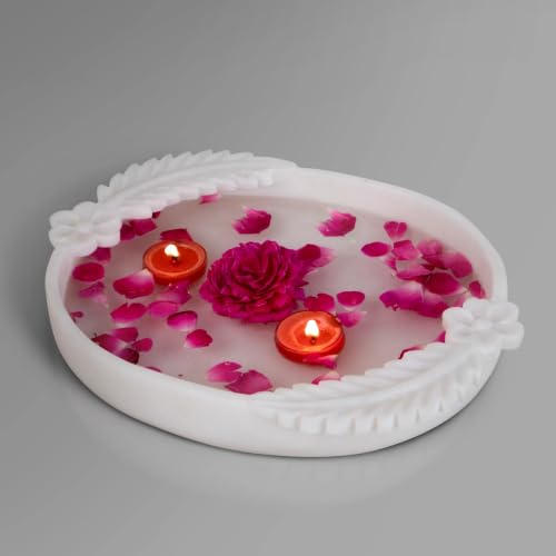 Image of Marble Urli Bowl for Decoration | Big Potpourri Decorative Bowls in Home decor | Large White Floating Flower Plates of Stone | Small Shape puja Item | (12 inch, Leafy Bowl)