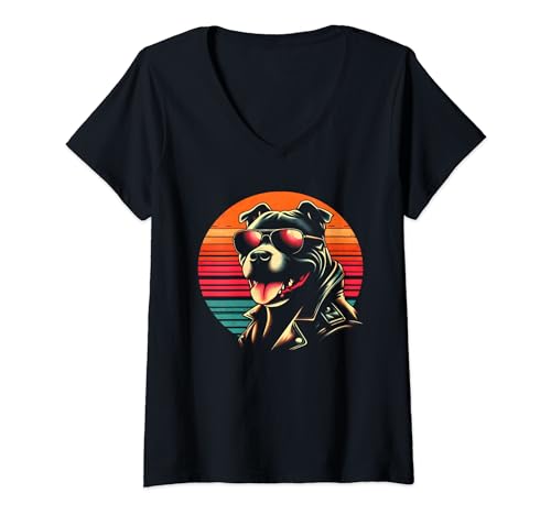 Femme Pit Bull Retro Sunset - Vintage Pit Bull Terrier Amoureux des chiens T-Shirt avec Col en V