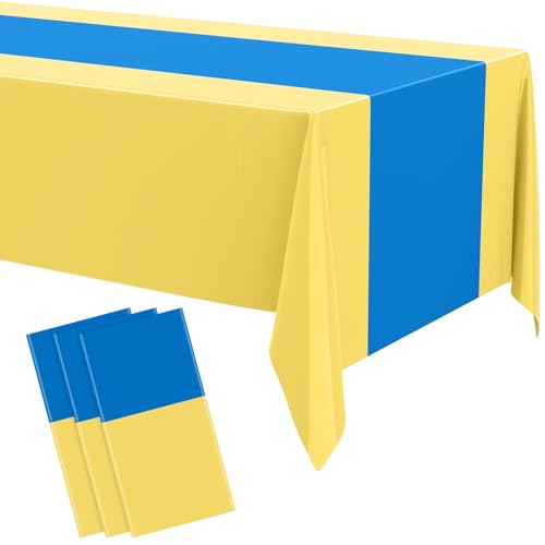 Oudain 3 Pcs Plastic Disposable Table Cloth 54" x 108", Blue, Yellow