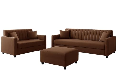 Image of 3+2 Fabric Wooden Sofa Set with Ottoman for Living Room | Modern Upholstered 5-Seater Couch | Soft Cushion, Premium Velvet Fabric-Brown