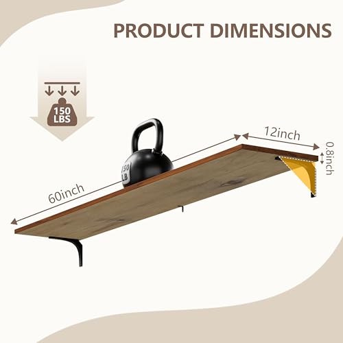 Image of 12 Inch Deep Floating Shelves Set of 4, 60 Inch Extra Long Walnut Solid Wood Wall Shelves, 5ft Heavy Duty Farmhouse Wall Mounted Shelving for Kitchen, Living Room & Bedroom