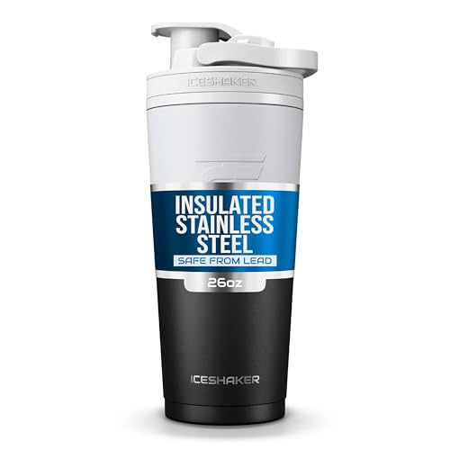 Ice Shaker Stainless Steel Shaker Bottle | 26oz, Black/White | Stays Cold for 30+ Hours | Insulated Cup with Twist-on Agitator | Odor-Free Shaker Cup for Protein Shakes, Water, Smoothies