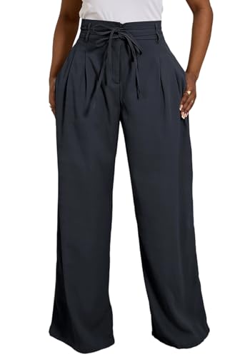 Famnbro Womens Wide Leg Work Pants High Waist Tie Belt Loose Fit Slacks Business Casual Dressy Trousers Pants
