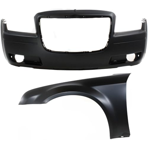 EIDZADK Auto Body Repair for Chrysler 300 2005-2009 Front Driver Side Primed with Fog Light Holes Bumper Cover-Part Name CH1240245 CH1000438