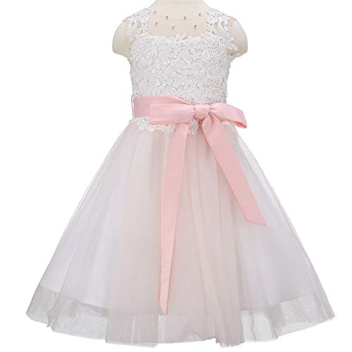 Bow Dream Lace Vintage Flower Girl's Dress Tulle Sleeveless Blush Pink 102