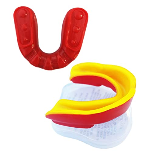 Image of Gum Shield Mouth Guard Sports Fit Adult Junior Kids Youth Karate Contact Boxing Jaw Protection Lacrosse Senior Football, Hockey, Rugby, MMA Martial Arts, Wrestling (Senior, Yellow/RED)
