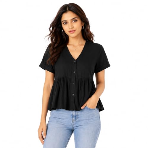Image of Women's Black Button-Front Peplum Top - Short Sleeve V-Neck Casual Blouse, Lightweight Rayon Cotton, Everyday Wear, Summer & Work Outfit