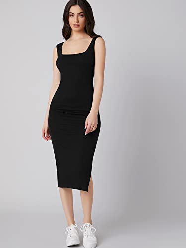 Image of Aahwan Royal Solid Bodycon Square Neck Midi Side Split Thigh Dress for Women's & Girl's