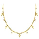 Encanto de cruz de oro para mujer, gargantilla con colgante de circonita cúbica redonda y delicada, cadena ajustable, joyería religiosa de, regalo para mujeres,