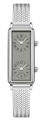Gosasa Montre à quartz analogique vintage pour femme - Double fuseau horaire - Étanche - Pour petit poignet - Deux cadrans - Chiffres romains et arabes -...