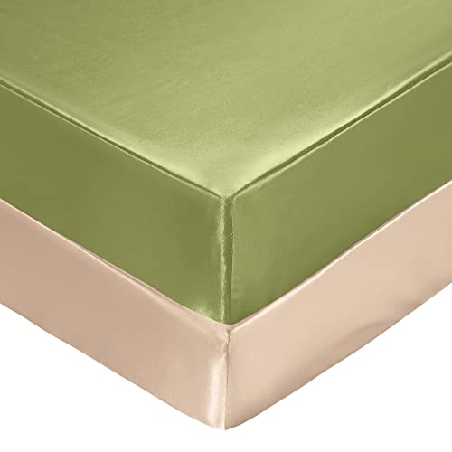 Image of SiinvdaBZX 2 Pcs Satin Mini Crib Sheets 38 x 24In, Beige & Sage Green | Silk-Like Soft Mini Portable Crib Sheets Mattress Cover Portable Playard Sheets with 5In Deep Pocket, Great for Baby Hair