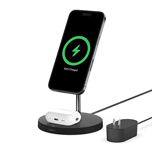 Belkin MagSafe 2-in-1 Wireless Charging Stand for Apple iPhone 17, iPhone 16, iPhone 15, iPhone 14 Series & AirPods - MagSafe Fast Charging Station for Multiple Devices - Black (Certified Refurbished)
