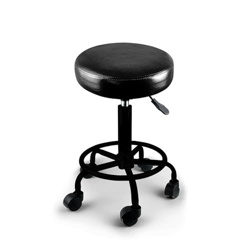 LEVEDE Round 360° Swivel Salon Stool, PU Leather 50-65cm Height Adjustable Barber Stools Footrest, Rolling Drafting Chair for Home, Office, Spa, Lab(Black Stand)