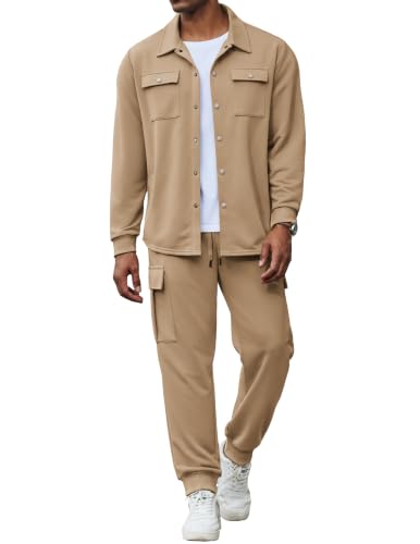 COOFANDY 2 Piece Set for Men Cargo Jacket Tracksuit Athletic, Khaki, Medium - image 1