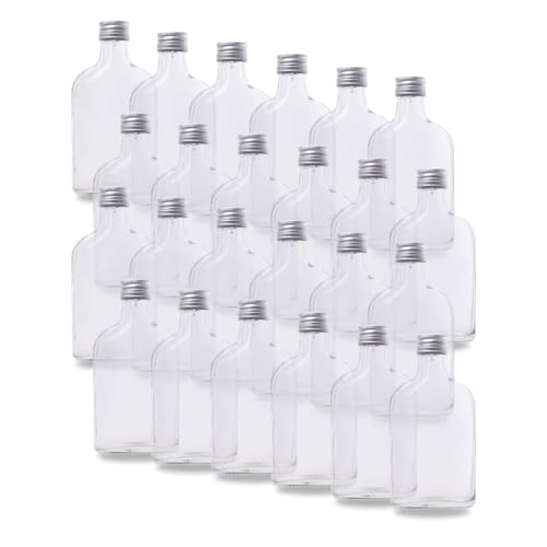 Flachmann Set: 24 kleine Glasflaschen 200ml Der Klassische Flachmann Glas als Glasflasche Schraubverschluss (28 mm Silber) ideal als Schnapsflaschen 200ml und Likörflaschen 200ml (24)