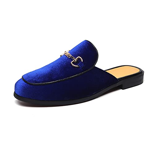 Image of FLQL Mens Shoes Luxury Velvet Gold Buckle Slip-on Penny Loafers Casual Smoking Slippers Indoor Outdoor Sandals Black Size 7-13