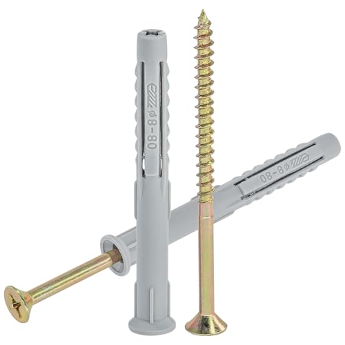 30 Pieces Heavy Duty Screws with Nylon Plugs,Wall Anchor Screw & Wall Plug Set,Wall Frame Fasteners with 8x80mm Wall Plugs and 4.9x85mm Screws