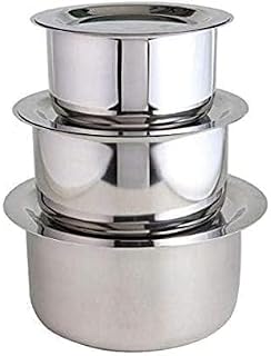 Set of 3 Stainless Steel Patila with Steel Lid Topia Round Bhagona Vessel Capacity 2lt 3lt 4lt(1 Size Each)