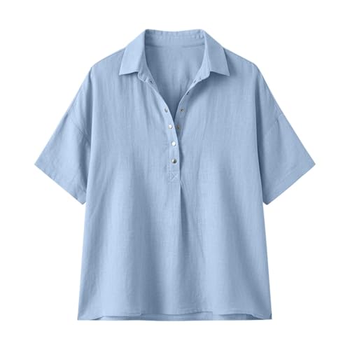 Linen Tops for Women Summer 2026,Short Sleeve Button Down V Neck Womens Casual Loose Fit Gauze Shirts,Breathable Cotton Linen Tops for Beach Vaction Trvael Work Light Blue M — view 4