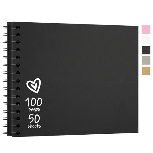 Vienrose 28,5 x 20,5 cm Fotoalbum zum Selbstgestalten und Einkleben mit 100 Seiten, Hardcover Kraftpapier Spiralalbum Scrapbook, DIY Sammelalbum für Hochzeit, Geburtstag, Jahrestag, Schwarz